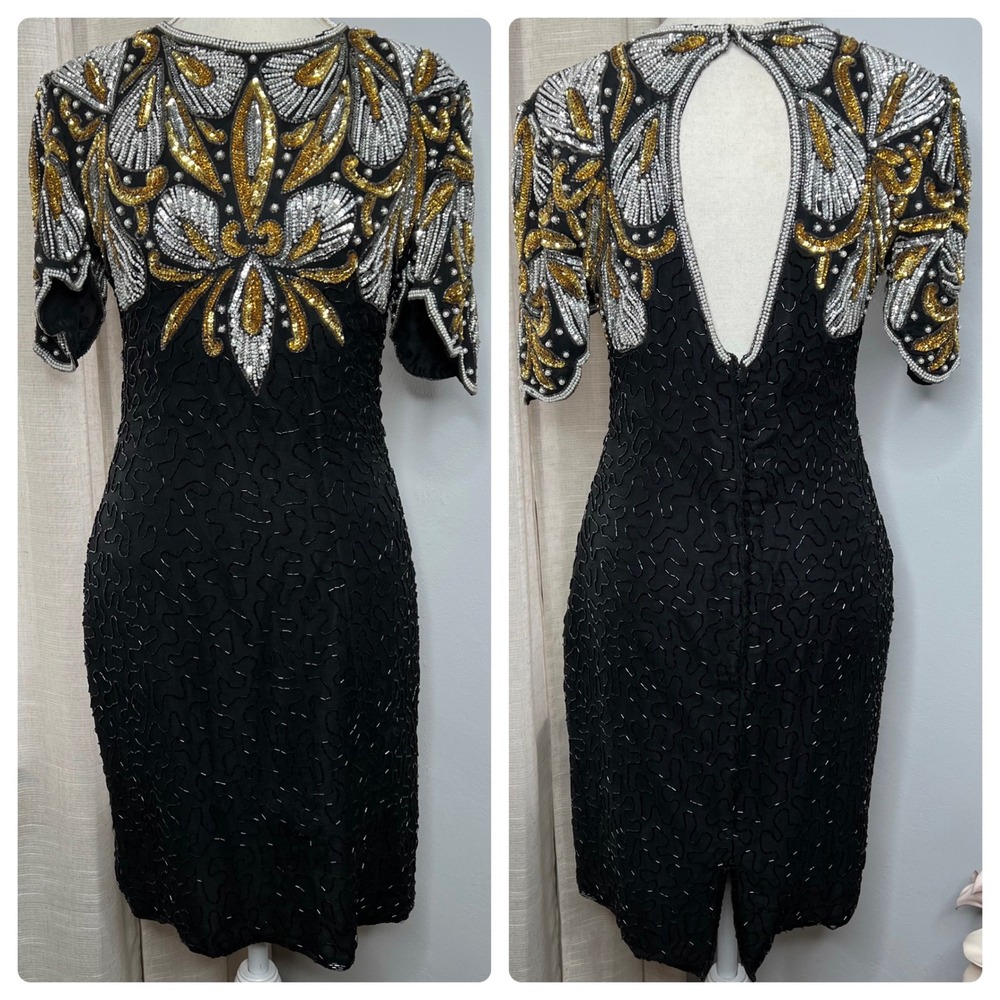 Vintage Laurence Kazar Silk Beaded Sequin Dress Gold Silver Black Petite Small